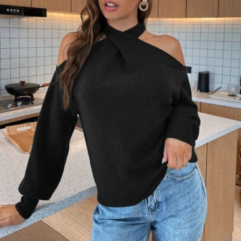 Crisscross Ruched Bishop Sleeve Sweater Black - Picture 3 of 6